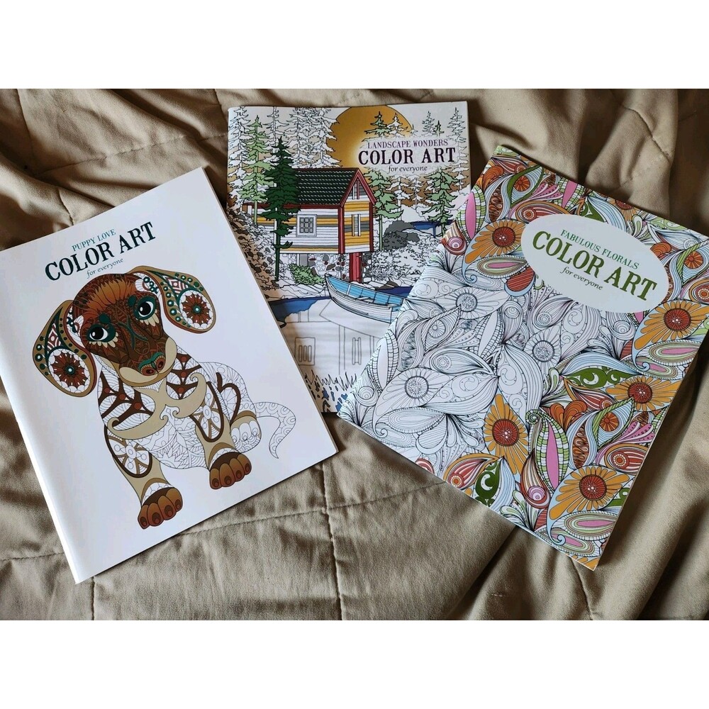 Color Art for Everyone Coloring Book Lot of 3 – Puppy, Florals, Landscape NEW